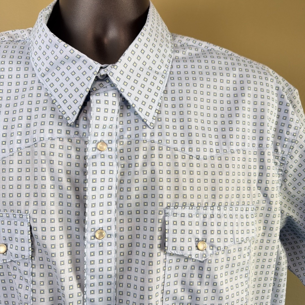 Wrangler Wrancher Short Sleeve  Shirt XXL Light Blue AOP Pearl Snaps 2XL